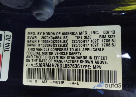 2013 Honda Cr-V Ex-L from USA, damaged, VIN 5J6RM4H75DL057636
